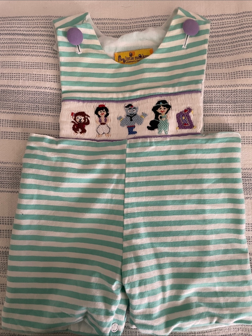 Five Little Monkeys Green and White Striped Kids One-Piece smocked Romper